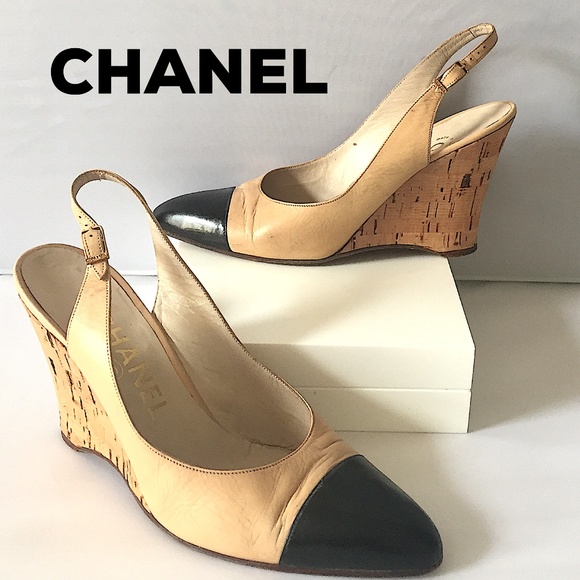 CHANEL Shoes - Vintage CHANEL 2 Tone, Cap Toe, Cork Wedge Heels